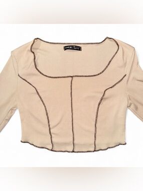 Beige Ribbed Long Sleeve Top Contrast Stitch Cropped Fitted Small